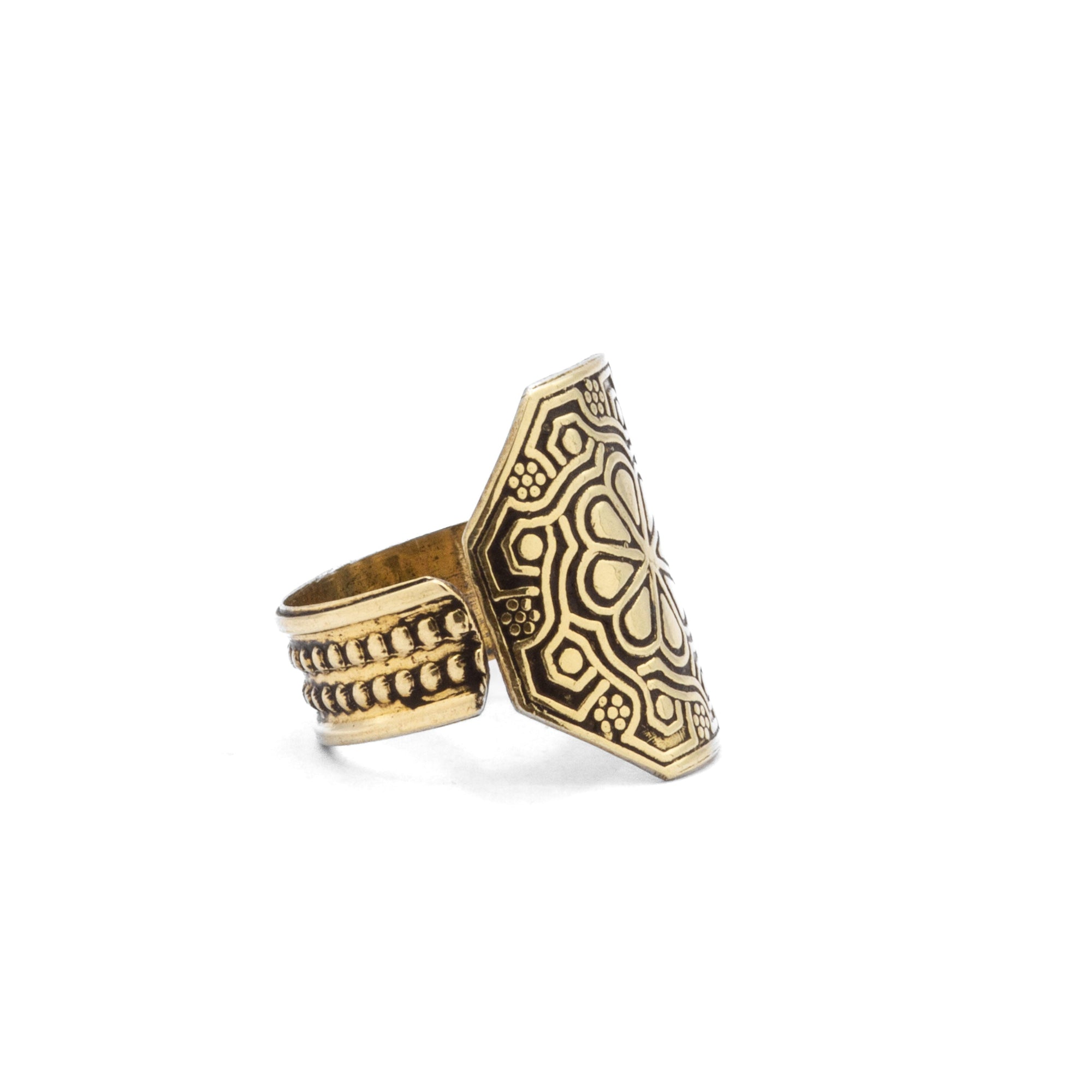 Left side profile of Arwa Egyptian brass ring, showcasing symmetrical balance and form