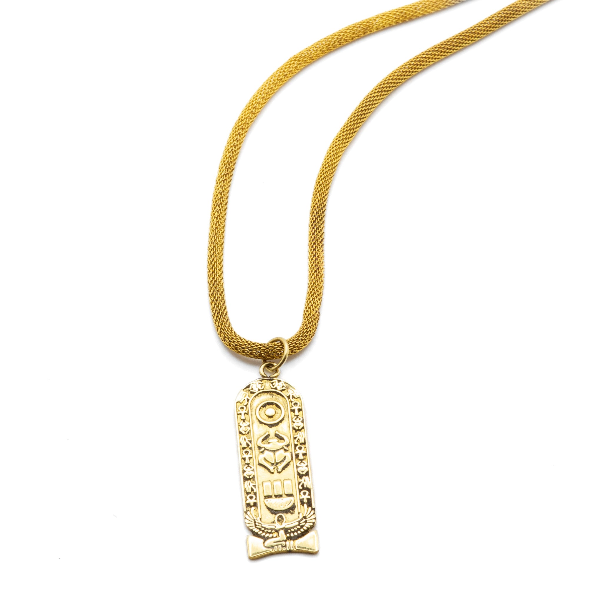 Front view of Mona sculptural Egyptian brass necklace, showing geometric form and hand-finished surface
