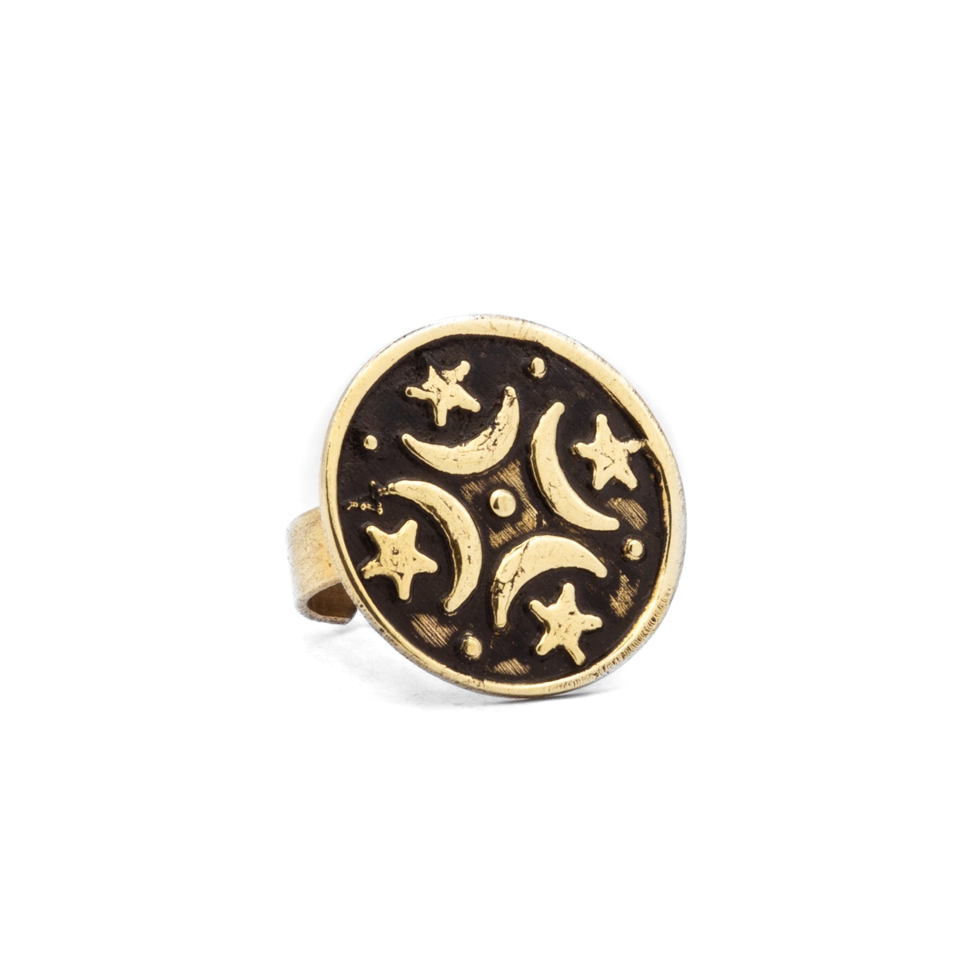 Front view of Sabira adjustable Egyptian brass ring, showing ancient-inspired design and hand-forged texture