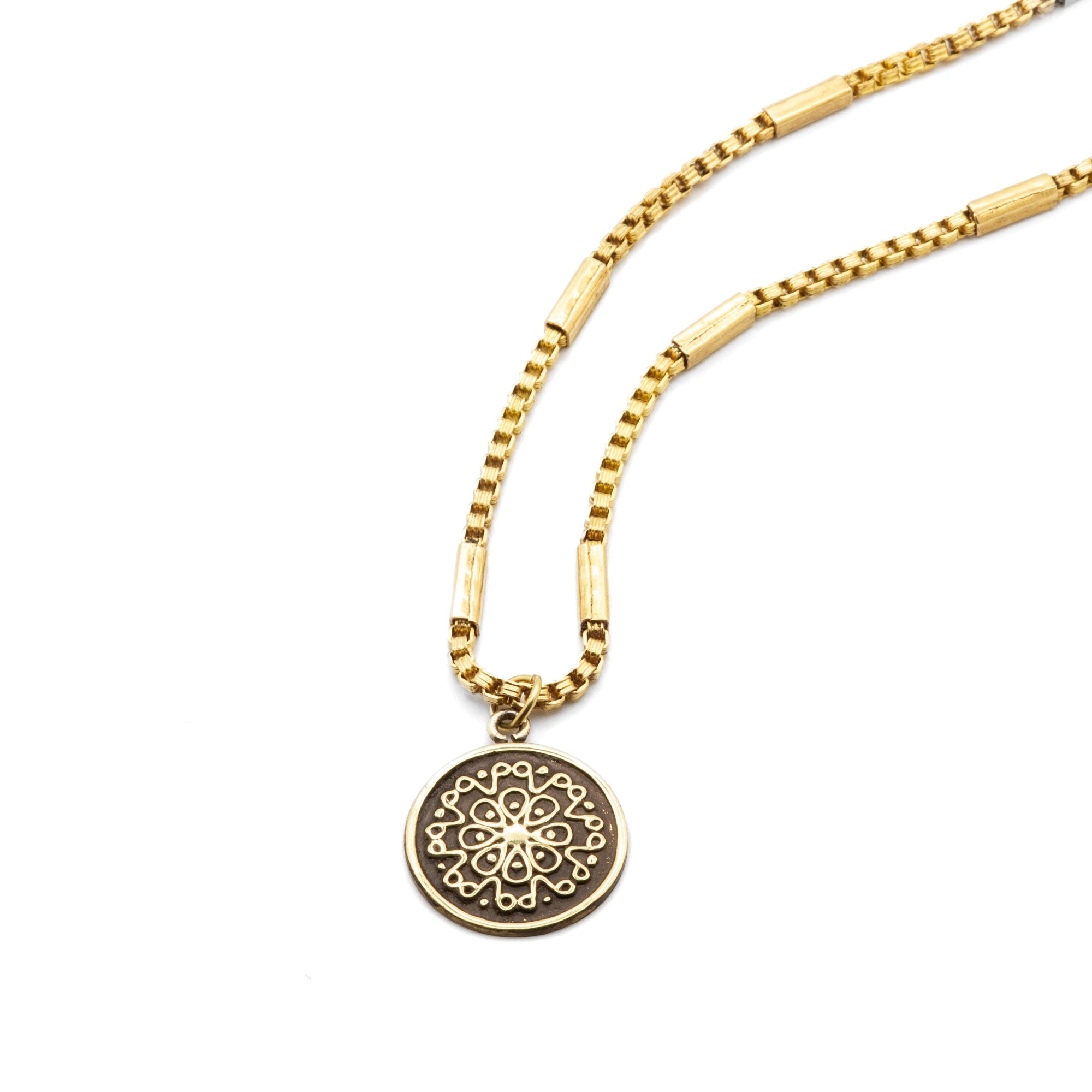 Sherine adjustable handmade raw Egyptian brass necklace, front view showing ancient-inspired pendant design