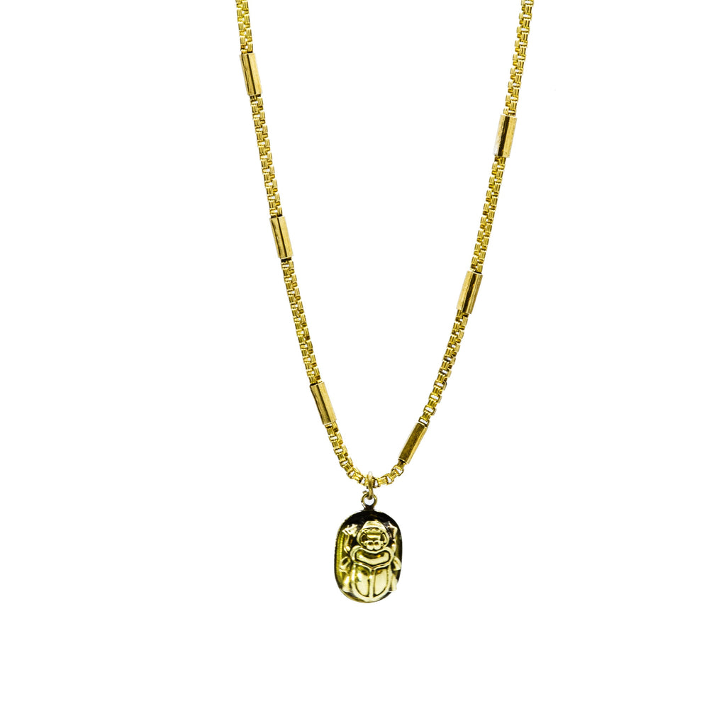 Full length view of Zahra adjustable brass chain with hand-finished link detail and natural patina